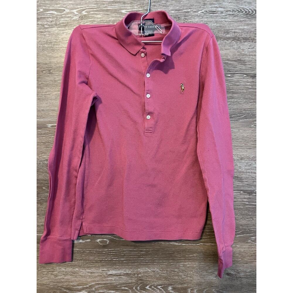 Ralph Lauren Polo Girl Top Medium Pink Polo Shirt Logo Long Sleeve Great